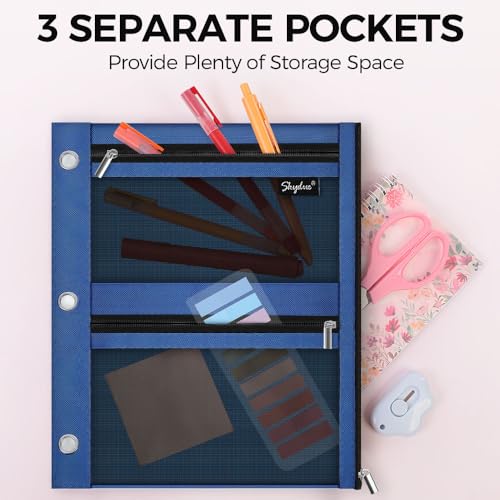 SKYDUE 3 Ring Pencil Pouch for Binder, Zipper Binder Pencil Pouch with 3 Pockets and Mesh Window, Durable Organizer for School Supplies, Cables, Earbuds, Makeup - color: Darkblue