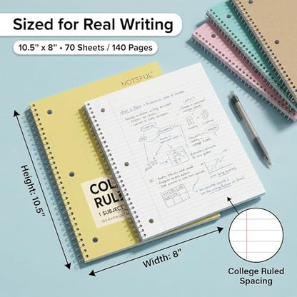 Single Subject Spiral Notebook, 70 Ruled Pages, 10.5 x 8 Inch, College Ruled Paper, Wire Bound Notebook for School, College, Office & Home Pack of 12