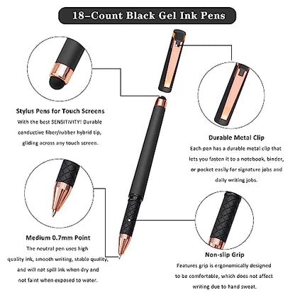Linbsunne Black Gel Pens 0.7mm Medium Point Pen Office Pens 2-in-1 Stylus Pens for Touch Screens Gel Ink Rollerball Pens for Writing (18 Pack-grey) - color: 18 pack-grey