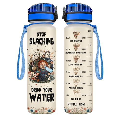 34HD Horror Movie Icons Water Bottle with Time Marker & Straw 32 oz, Horror Mask Birthday Gifts for Fans, Spooky Scary Merchandise Aesthetic Halloween Water Tracker Bottle - color: Beige Horror