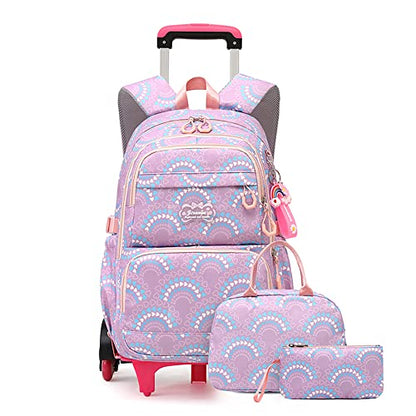 3Pcs Girls Rolling Backpack Kids Bookbag with Wheels Set Elementary Students Outdoors Trolley Schoolbag - color: Purple 6 Wheels-b