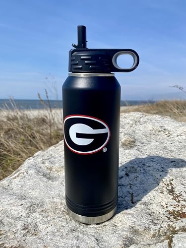 University of Georgia Bulldogs 32oz Stainless Steel Double Walled Black Beverage Bottle with Flip Straw Spout - College Gear for Playoff Season – For Office, Home or Auto – Show your Bulldog Pride - style: Georgia / Black
