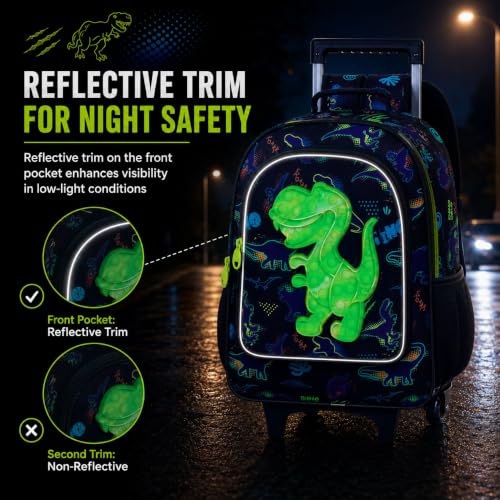 CCJPX 3PCS Dinosaur Rolling Backpack for Boys, 18" Kids Dinosaur Backpacks with Roller Wheels, Wheeled Bookbag with Lunch Box for Toddler Elementary School (Black) - color: Black Green Dinosaur