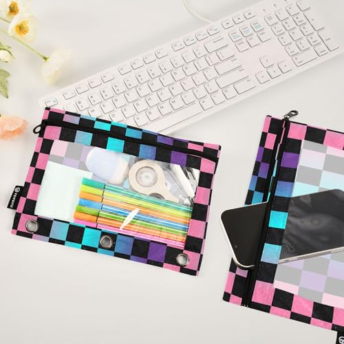 Rainbow Buffalo Plaid Binder Pouches 3 Ring for Boys Girls School Office College Supplies Purple Chessboard Pink Aqua Pencil Pouches Case Bag with Clear Window and Zipper 2 Pack - color: Purple
