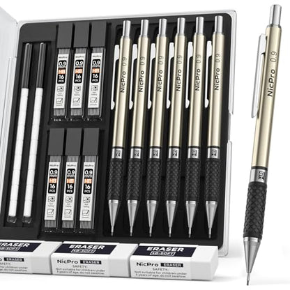 Nicpro 0.9 mm Art Mechanical Pencils Set in Case, 6 PCS Metal Drafting Pencil 0.9mm Lead Pencil with 6 Tube HB Lead Refills, 3 Erasers, 18 PCS Eraser Refills for Artist Writing, Drawing, Sketching - style: 6 Pack (0.9mm)