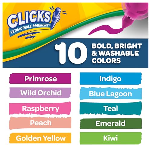Crayola Clicks Retractable Markers Bold (10ct), Teacher Classroom School Supplies, Spring Crafts, No Dry Washable Markers for Kids - color: Bold & Bright, style: Click Retractable Marker