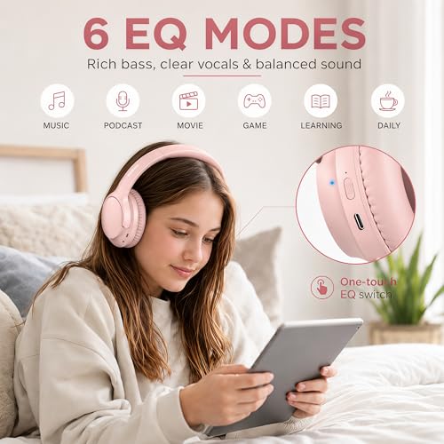 MIDOLA Bluetooth Headphones Over Ear 68H Playtime 6 EQ Wireless Headset with Microphone HiFi Stereo Foldable Lightweight Deep Bass for Travel Home Office Cellphone Pink - color: Pink