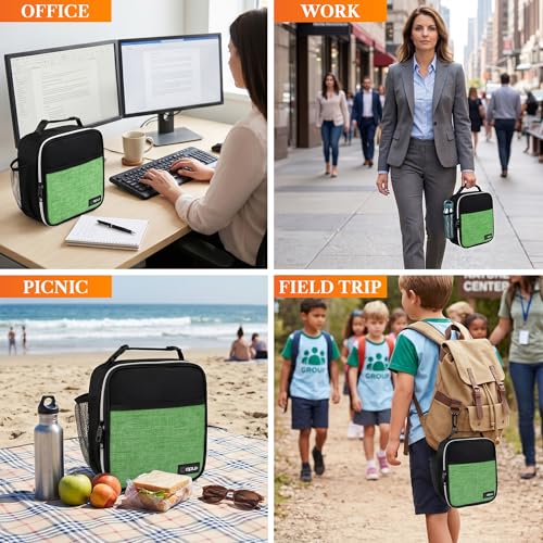 opux Insulated Lunch Bag for Kids Boys Girls, Small Compact Lunch Box with Wide Opening & Mesh Pockets, Reusable Lunch Pail for School, Work, Adults, Men, Women, Heather Green - color: Heather Green