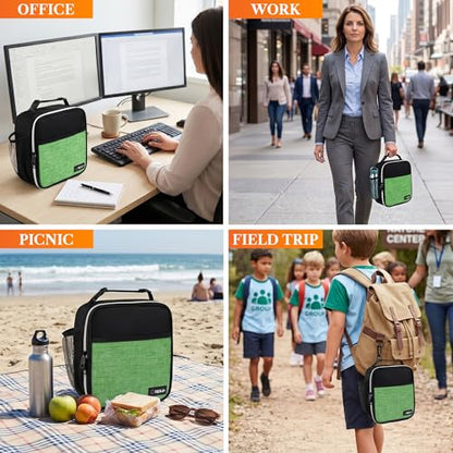 opux Insulated Lunch Bag for Kids Boys Girls, Small Compact Lunch Box with Wide Opening & Mesh Pockets, Reusable Lunch Pail for School, Work, Adults, Men, Women, Heather Green - color: Heather Green