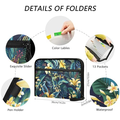 Hibiscus Plumeria Palm File Folders,Plastic Folders with 13 Pockets,Expandable File Folder for Documents School Students Office,Aesthetic Folder with Labels A4 Letter Size - color: Multi 26