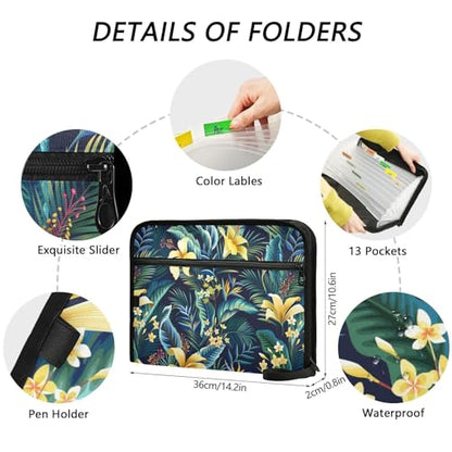 Hibiscus Plumeria Palm File Folders,Plastic Folders with 13 Pockets,Expandable File Folder for Documents School Students Office,Aesthetic Folder with Labels A4 Letter Size - color: Multi 26