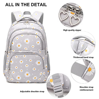 Glodwheat Daisy Printed Backpack For Girls- 3Pc Set With Lunch Box & Pencil Case, Lightweight Water-Resistant Bookbag For Elementary School - color: Grey