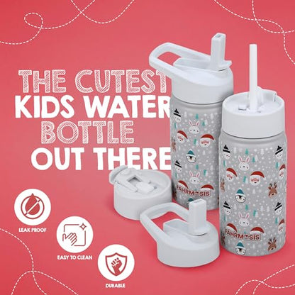 FAHRMOSIS 14 OZ Kids Water Bottle with Straw & 2 Lids (Flip & Spout) Leak Proof Metal Insulated Stainless Steel Reusable Tumbler for School & Sports Water Bottle - White (Winter) - color: White(Winter), style: Water Bottle - 14 OZ