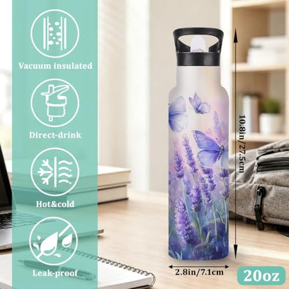 Water Bottles with Straw,Purple Butterfly Stainless Steel Cup Leak Resistant Double Wall Lavender Insulated Water Bottle with Handle for Gym Cycling Hiking Office 20 oz - color: Purple Butterfly,Lavender