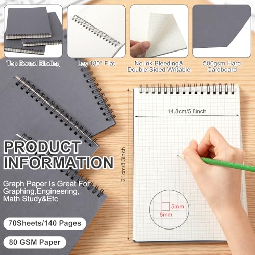 Engrowtic 6 Pack Graph Paper Spiral Notepad A5 Top Wirebound Notepad Grid Notebook Steno Pad Memo Notebook Grid Paper 140 Pages for Writing Sketching Drawing Office Supply (Dark Grey) - color: Dark Grey