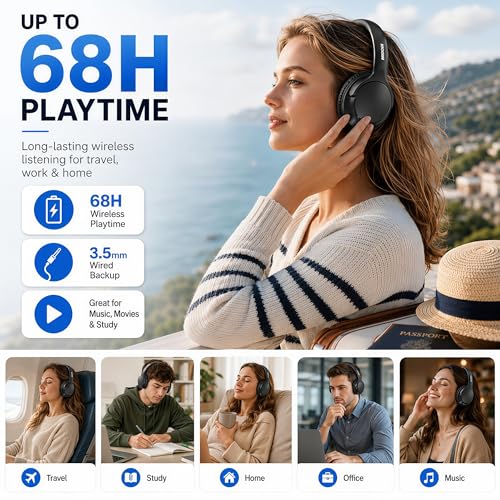 MIDOLA Bluetooth Headphones Over Ear, 68H Playtime Wireless Headphones with Microphone, 6 EQ Modes, HiFi Stereo Deep Bass, Foldable Lightweight Headset for Home Office, Cellphone, PC, Black - color: Black