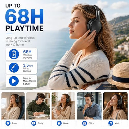 MIDOLA Bluetooth Headphones Over Ear, 68H Playtime Wireless Headphones with Microphone, 6 EQ Modes, HiFi Stereo Deep Bass, Foldable Lightweight Headset for Home Office, Cellphone, PC, Black - color: Black