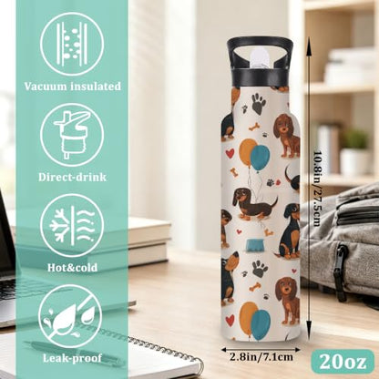 Insulated Water Bottle,Dachshund Dog 20 oz Stainless Steel Water Bottles with Straw Lid,Paw Print Leak Resistant Double Insulated Flask with Handle,Fits Cup Holder,Keeps Drinks Cold - color: Dachshund Dog,Paw Print