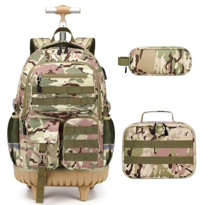 DIGOBAY Camo Rolling Backpack for Boys, 3PCS Tactical Kids Rolling Backpack Set with Lunch Bag & Pencil Case, Boys Wheeled School Bookbag for Elementary, Middle, High School - color: Camouflage Yellow/Green