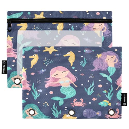 Gredecor 3 Ring Binder Pencil Pouch, Cute Mermaids Seaweed Fishes-1 Zippered Pen Case Pouches with Clear Window, 2 Pack Stylish Office & School Supplie - color: Cute Mermaids Seaweed Fishes-1