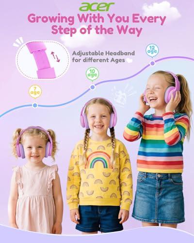 Acer Kids Bluetooth Headphones, Over Ear Headphone for Kids with Mic, 75H Playtime, 85dBA Safe Volume, Bluetooth 6.0, USB C Fast Charging, Toddler Headphones for iPad/Tablet/Travel/School-Pink | 75H Playtime, Bluetooth 6.0, 3.5mm Jack Aux Cord, 85dBA Safe