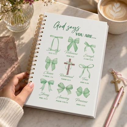 VONTP Bible Green Bow Christian Notebook Journal for Women, 5.5 x 8.3 Inch | Christian Girl Energy Journal, Christian Study Notebook, Cute Preppy Bible Study Spiral Notebook for Bible Notes - color: 001-Green