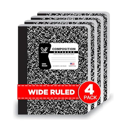 Woodlake Black Marble Composition Notebooks 4 Pack – 100 Sheets Wide Ruled 9.75" x 7.5", Sturdy Sewn Binding for School, College, Office Acid-Free Heavyweight Paper 200 Pages Made in USA - size: WIDE RULED-4 PACK