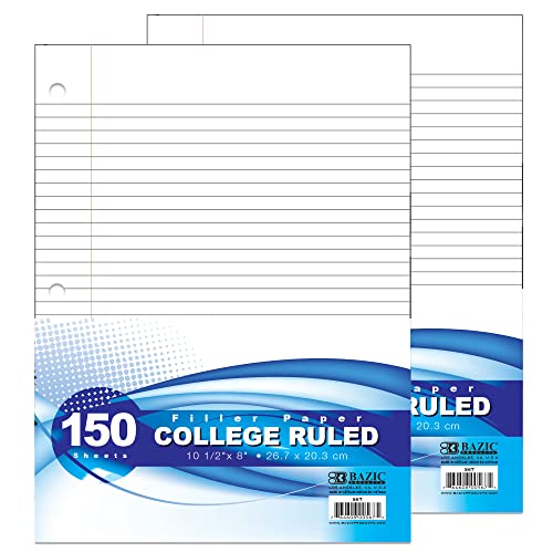 BAZIC Products College-Ruled Filler Paper, 150 Sheets, 2-Pack | 10.5 x 8 in, 3-hole punched, fit 3-ring binders, notes and homework - color: College Ruled (150 Sheets), size: 2-Pack