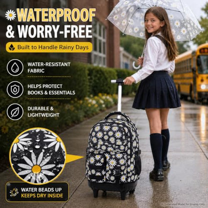 WZLVO 3PCS Wheeled Backpack, Water Resistance Girls Roller Bookbag with Wheels, Women Aesthetic Rolling School Bag Set with Lunch Bag & Pencil Bag for Teens & Kids - Black Chrysanthemum - color: 3pcs Girls Rolling Backpack - Black Chrysanthemum