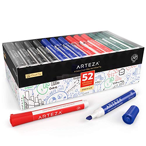 ARTEZA Dry Erase Markers, 52-Pack, Chisel Tip, 4 Assorted Colors, Low-Odor Ink for Whiteboards, Classroom, Office, or Home Use - color: 4 Colors