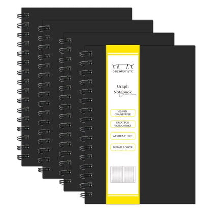Graph Paper Spiral Notebook A5 Grid Journal 5.62"x 8.4" - 4 Pack 160 Pages 100GSM Thick Paper Hardcover Notebooks for Note Taking Engineering Graphing Work School Supplies,Black - color: Black-Graph