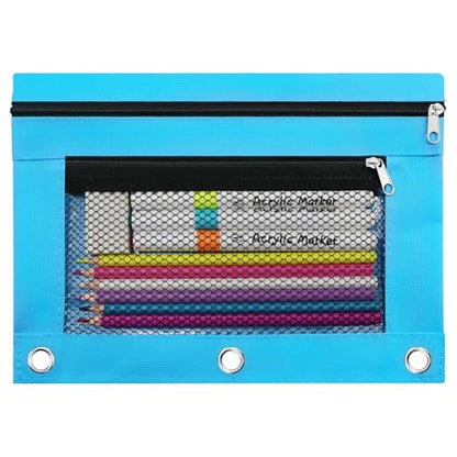 3 Ring Pencil Pouch for Binder, 2-Pocket Zipper Pencil Case with Clear Window & Mesh Pocket, 600D Oxford Fabric Binder Pouch for School Office Supplies, Fits Standard 3-Ring Binders, Sky Blue - color: Sky Blue