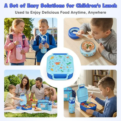 Bento Lunch Box for Kids with 7oz Soup Thermo,Insulated Stainless Steel Kids Water Bottle with Straw and Insulated Lunch Bag,Leak-Proof Lunch Food Container with Ice Pack for School(Blue-Dinosaur) - color: Blue-Dinosaur