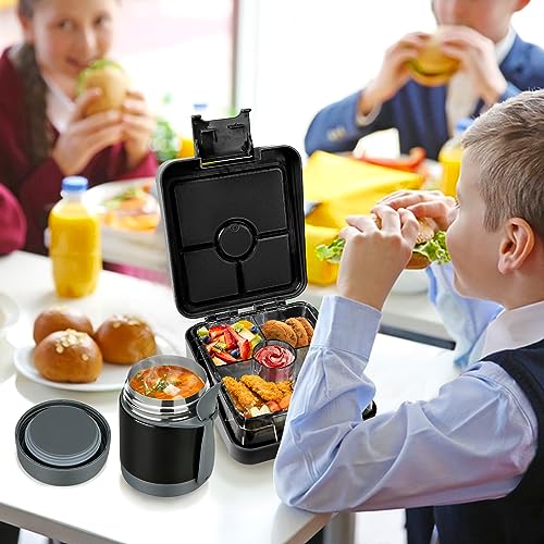 Pawtong Bento Lunch Box Set With 10oz Soup Thermo, Leak-proof Lunch Containers with 4 Compartment, Kids Hot Thermo Food Jar/Insulation Lunch Bag, Food Containers for School (Black) - color: Black
