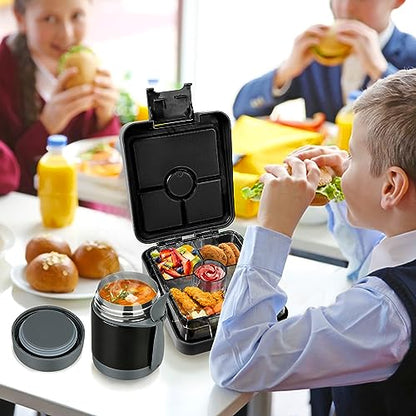Pawtong Bento Lunch Box Set With 10oz Soup Thermo, Leak-proof Lunch Containers with 4 Compartment, Kids Hot Thermo Food Jar/Insulation Lunch Bag, Food Containers for School (Black) - color: Black