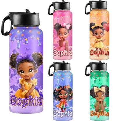 D-Story Custom Water Bottles Back to School Gift for Girls 18Oz Personalized Stainless Steel Double Wall Insulated Water Bottle with Straw Lid Customized Name Princess Bottles Daughter Birthday Gifts - color: Design 21