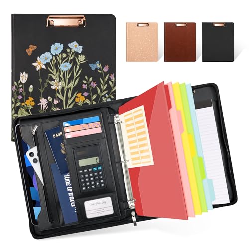 Ospelelf Leather Portfolio Folder with Zipper - 3 Ring Binder with Clipbard - Calculator, 12.1” Tablet Sleeve, 5 Dividers with 10 Pockets, Refillable Notepad, Card Holder (Bushes) - color: Bushes