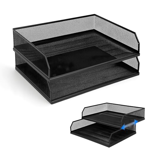 Paper Tray, 2-Tier Stackable Desk Organizer Letter Tray, Metal Paper File Holder, Wire Mesh Desktop Organizer, Front-Load Paper Sorter Document Storage Tray for Office Supplies Home School Classroom - size: Transverse