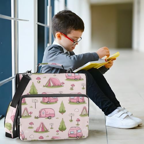 Pink Camping Tent Pattern 3 D-Ring 2 inch Zipper Binder Bag with Shoulder Strap, Multi-Pocket Portfolio Organizer Case for 13 Inch Laptop Middle School - color: Pink Camping Tent Pattern
