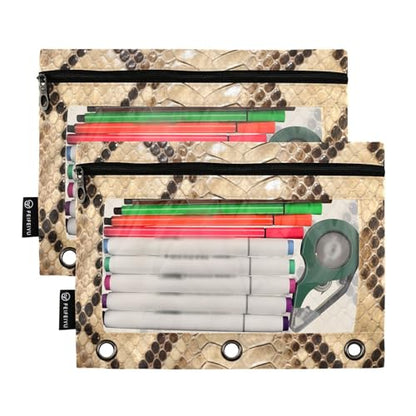 2 Pack 3 Ring Binder Pencil Pouch Snake Print Pencil Case Pencil Bags with Zipper, Clear PVC Binder Pockets for Office Daily Supplies - color: Color 4