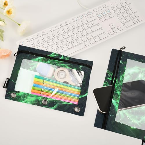 2 Pack Pencil Pouch for 3 Ring Binder Green Glowing Dragon Pencil Case Pouch with Clear Window Zipper Binder Pencil Pouches Pen Bag for Office School Supplies - color: Green Glowing Dragon