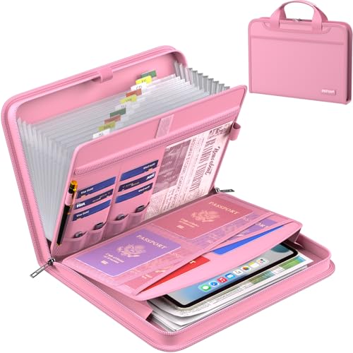 ENGPOW Accordion File Organizer,Fireproof Expanding File Folder with Multi Pockets,13 Pockets Document Organizer with Handle & Labels,Portable Home Travel Safe Storage Folder for Letter A4 Files,Pink - color: Pink, style: 13 Pockets