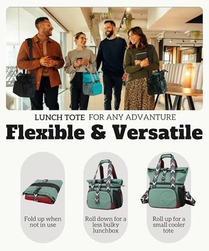 SUNNY BIRD Dual Compartment Lunch Bag Insulated Lunch Box for Women and Men (Green with boho strap) - color: Green with boho strap