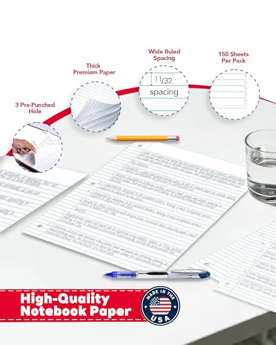 Woodlake Loose Leaf Paper, Wide Ruled Notebook Paper, 8 x 10.5”, 150 Sheets per Pack, 3 Pack Bulk Lined Filler Paper, 3 Hole Punched, 60gsm, Made in USA - color: Wide Ruled, size: 3 PACK(450 SHEETS)