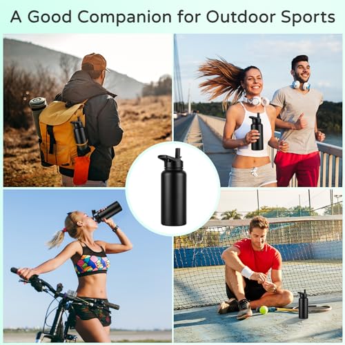 DOMICARE 32 oz Insulated Water Bottle, Vacuum Insulated Stainless Steel Sports Water Bottle with Straw Lid & Spout Lid, Leakproof, Reusable - Travel, Camping, Bike, Black - color: Black, size: 32 Ounces