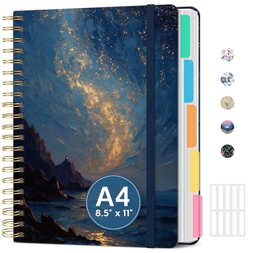Large Lined Spiral Journal for Women Cute Hardcover 5 Subject Notebook for Work 8.5" x 11" with Removable Dividers & Tabs, College Ruled, 280 Pages Aesthetic Journal for Work, School & Note Taking, Golden Tide - color: D - Golden Tide