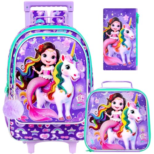 18" Unicorn Rolling Backpack for Girls, 3Pcs Kids School Backpacks with Wheels, Mermaid Roller Bookbag with Lunch Box for Preschool Toddler Elementary(Purple) - color: Unicorn Mermaid Pink