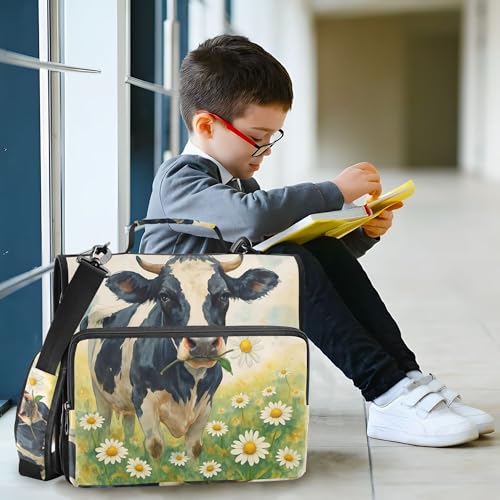 Daisy Flower Cow Zipper Binder with Shoulder Strap, 500 Sheets Capacity, Multiple Pockets 1.5Inch 3 Ring Zipper Binder - color: Daisy Flower Cow