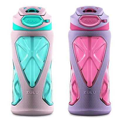 ZULU Torque 16oz Plastic Kids Water Bottle with Silicone Sleeve and Leak-Proof Locking Flip Lid, Soft Touch Carry Loop for School Backpack, Lunchbox, BPA-Free Dishwasher Safe - color: Pink, style: 2 Packs