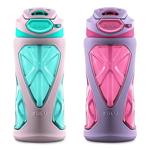 ZULU Torque 16oz Plastic Kids Water Bottle with Silicone Sleeve and Leak-Proof Locking Flip Lid, Soft Touch Carry Loop for School Backpack, Lunchbox, BPA-Free Dishwasher Safe - color: Pink, style: 2 Packs